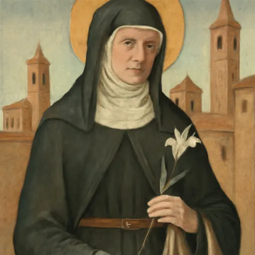 Fresco-style portrait of Blessed Veronica of Milan, an Augustinian nun in a black habit and white wimple holding a cloth begging bag, with a lily beside her
