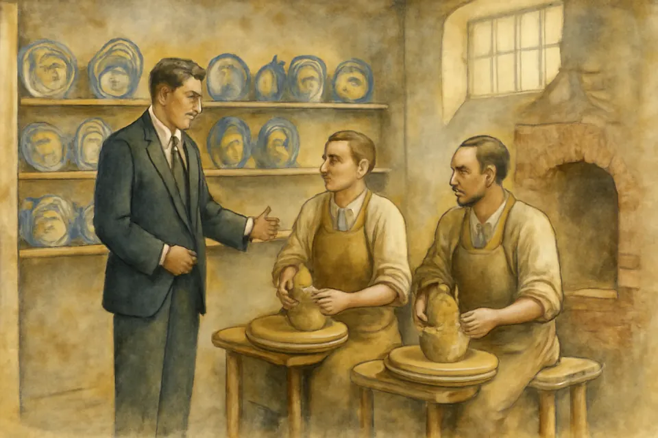 Watercolor scene of a businessman in a suit talking with potters at their wheels in a ceramics workshop full of glazed plates and jars