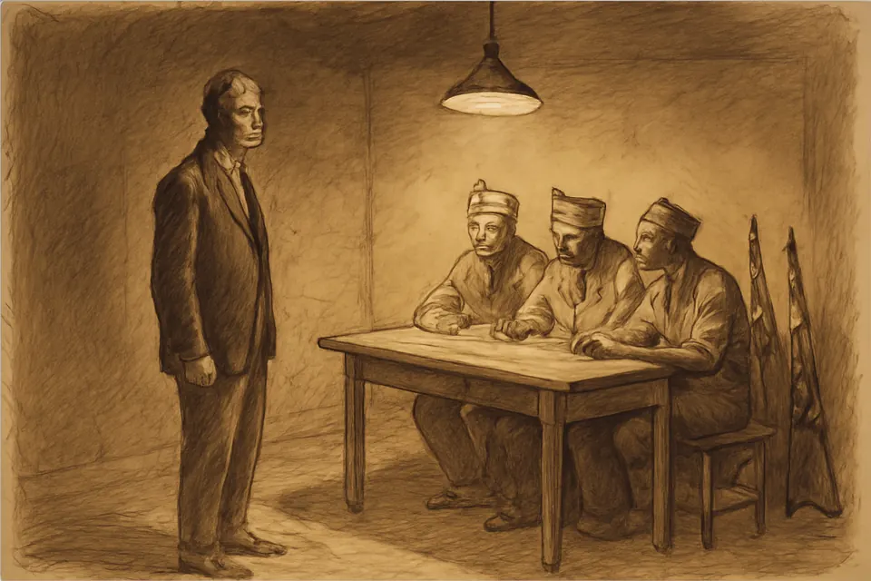 Ink-drawing scene of a calm man in a suit standing before a table of armed men at night in a bare room lit by one lamp