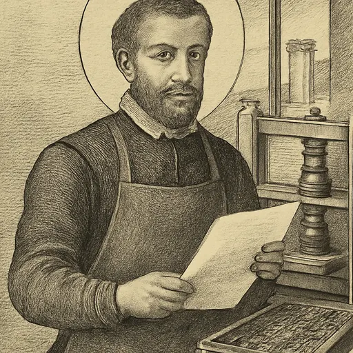 Engraving-style portrait of Blessed William Carter, an Elizabethan printer in a dark doublet and ruff, holding a freshly printed sheet beside a wooden press