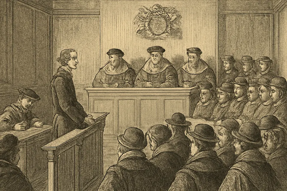 Engraving-style scene of a prisoner standing at the bar of a crowded Elizabethan courtroom before judges in red robes
