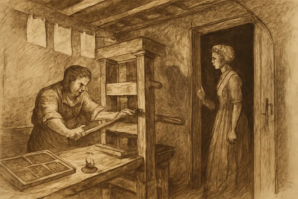 Ink-drawing-style scene of a printer working a wooden press by candlelight in a small room at night while a woman keeps watch at the door