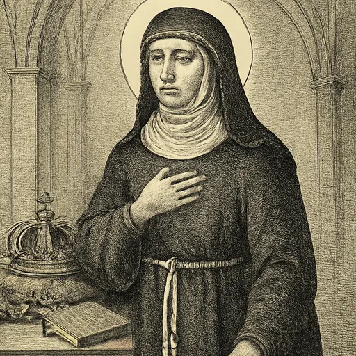 Engraving-style portrait of Blessed Yolanda of Poland, a middle-aged Poor Clare nun in a dark habit and white wimple, with a ducal crown laid on a table beside her