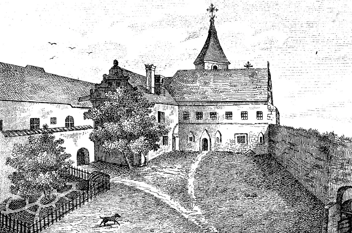 Old drawing of a convent courtyard with a garden fence, a tree and a dog, surrounded by plain buildings and a church with a small pointed spire