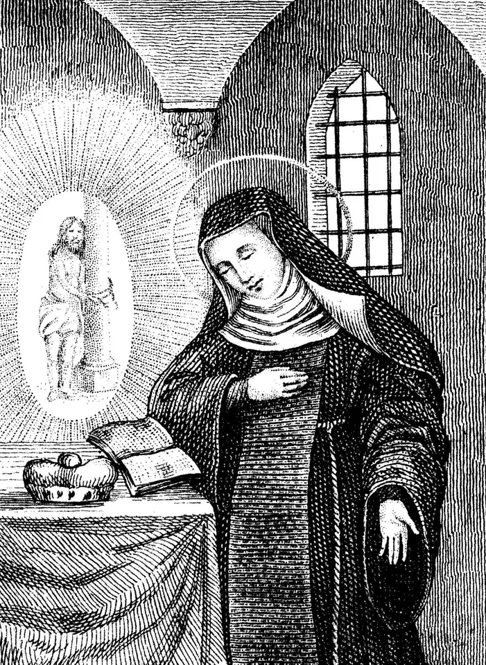 Old engraving of a nun in a dark habit and veil with a halo, her hand on her heart, beside a table with a crown and an open book, while a vision of Christ bound to a pillar glows in an oval of light