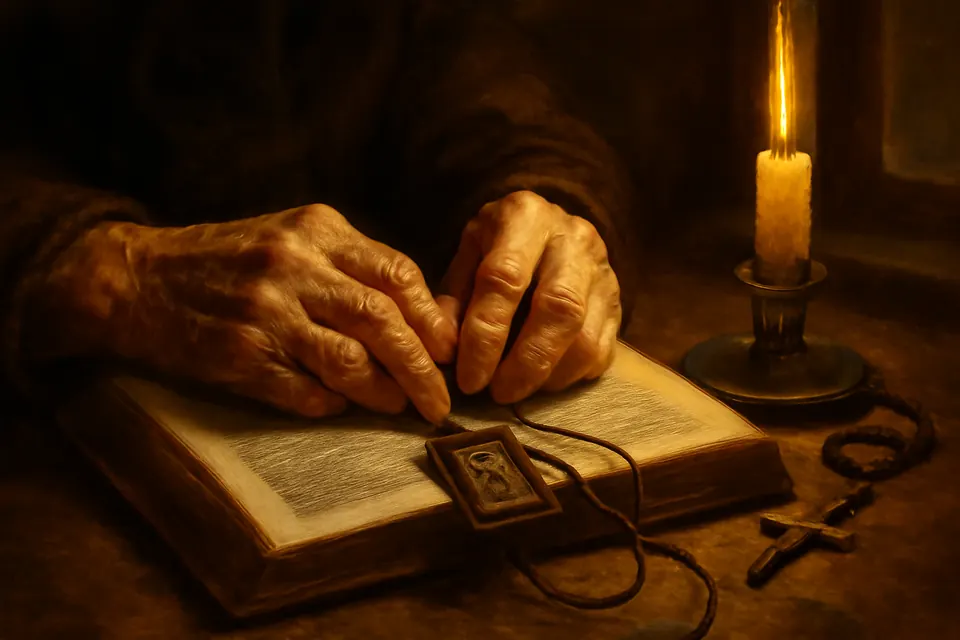 Illustration of an elderly woman's hands holding a small brown wool scapular on cords over an open prayer book beside a lit candle