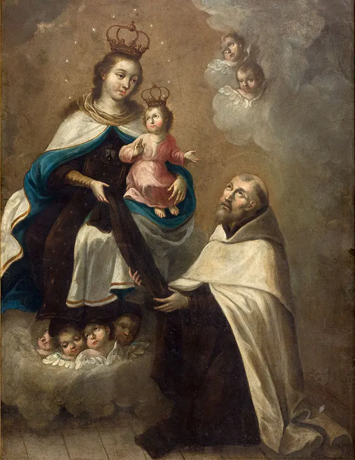 Painting of a crowned Virgin Mary holding the crowned Child Jesus and handing a large brown scapular to a kneeling white-bearded friar in a brown habit and white cloak, with cherubs below