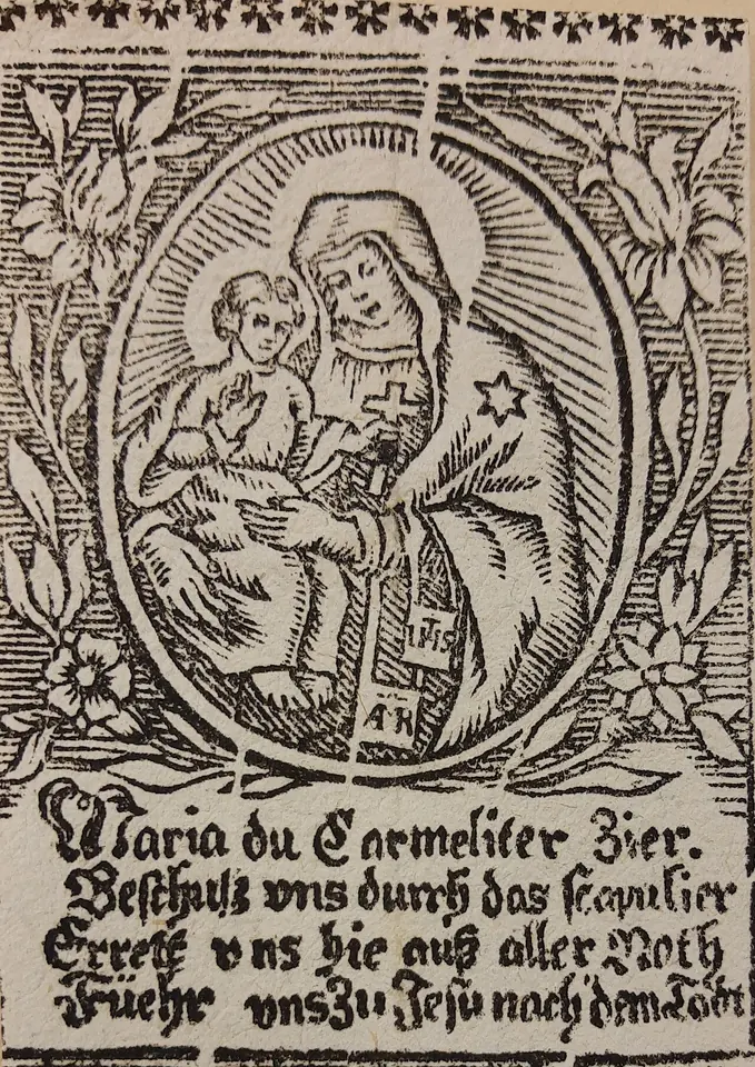 Woodcut of the Virgin and Child in an oval frame of flowers, the child holding a scapular, above four lines of German verse in black-letter type