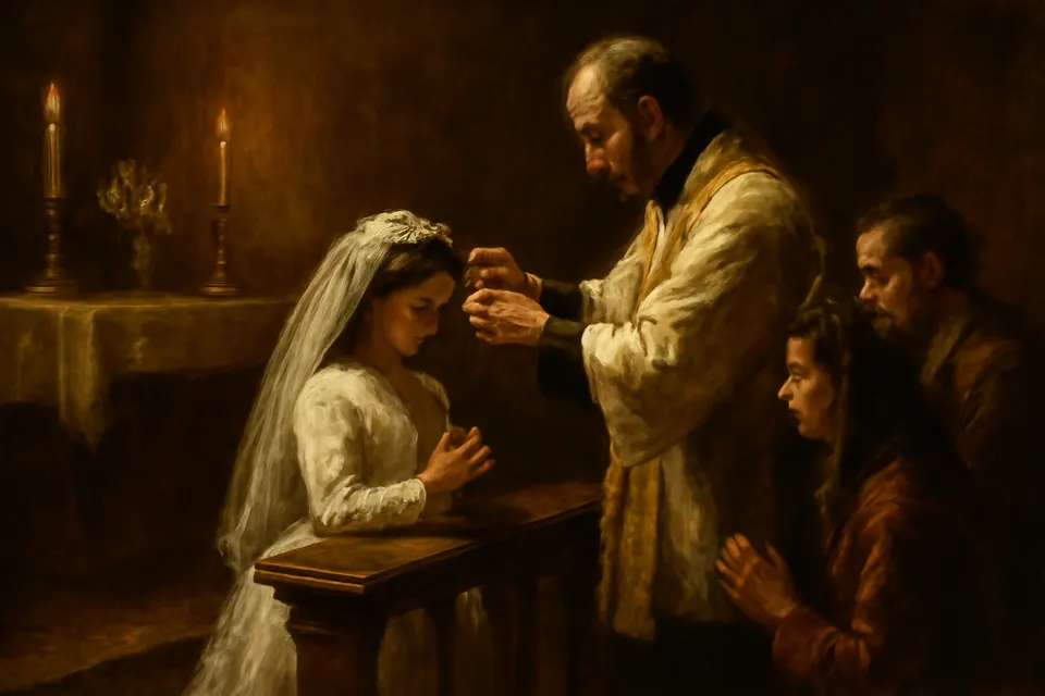Oil-painting-style illustration of a priest placing a brown scapular over the shoulders of a kneeling girl in white at a parish altar rail