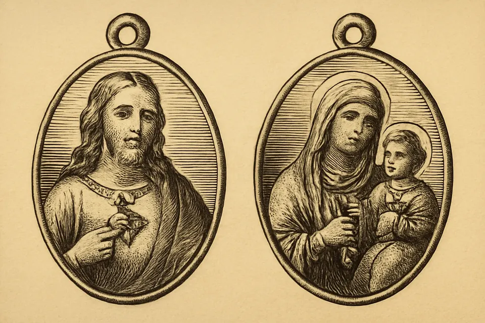 Engraving-style illustration of both sides of a scapular medal, the Sacred Heart of Jesus on one side and the Virgin Mary on the other