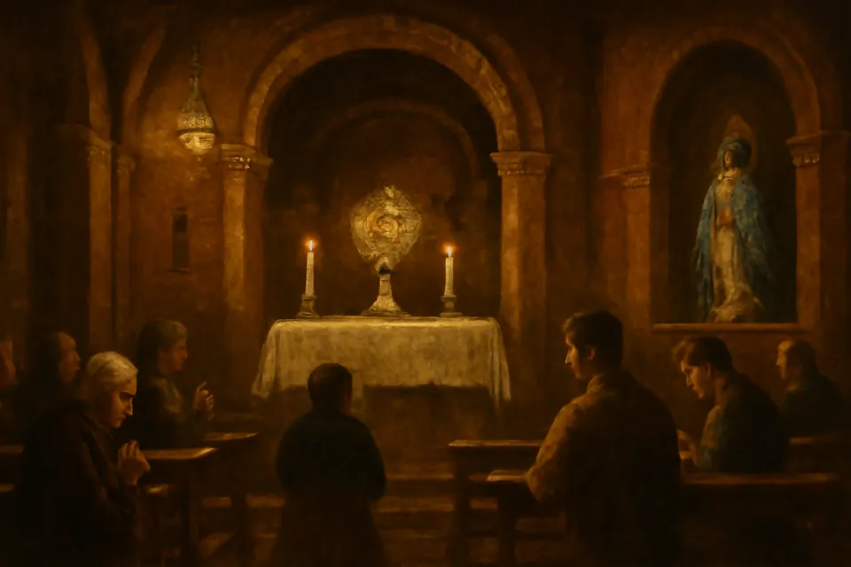 Oil-painting-style illustration of parishioners kneeling in silent adoration before a monstrance on the altar of a brick parish church in Buenos Aires