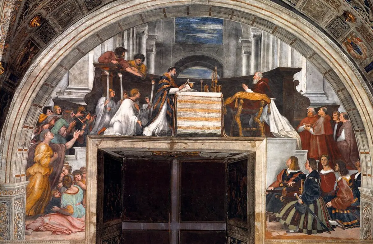 Fresco of a priest at an altar staring at the bleeding Host in his hands, as the kneeling Pope Julius II and cardinals look on from the other side