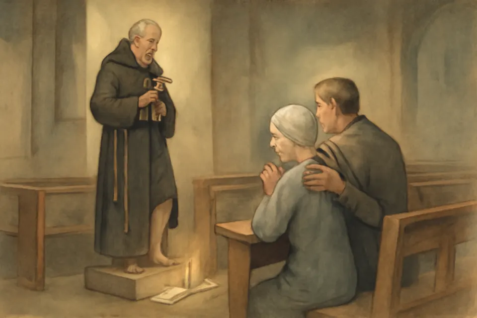 Oil-painting-style illustration of a middle-aged woman in a headscarf praying with her husband before a statue of St. Peregrine in a candlelit church