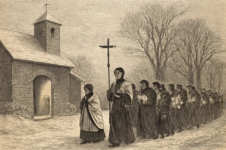Oil-painting-style illustration of parishioners carrying lit candles in procession into a stone village church on a snowy February morning