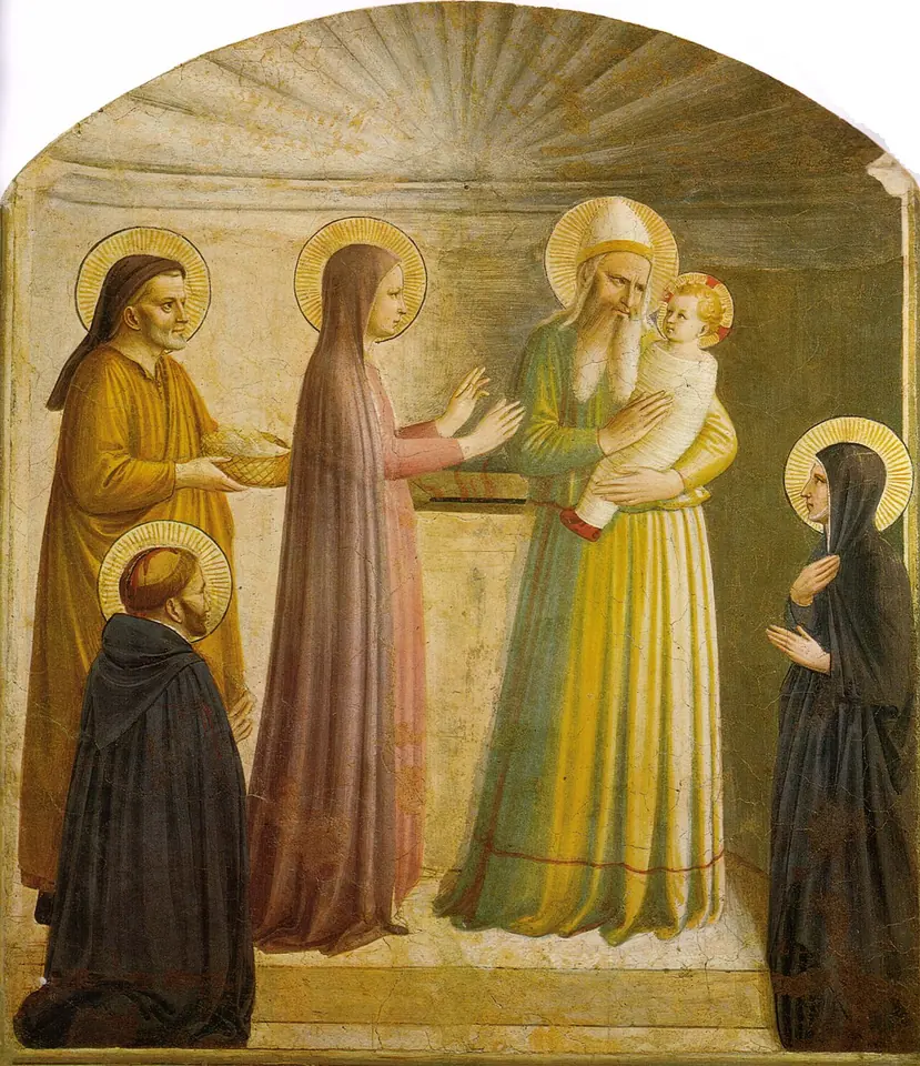 Fresco of Mary handing the infant Jesus to the old priest Simeon over an altar in a plain arched niche, with Joseph, Anna and two Dominican saints