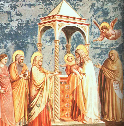 Fresco of the old man Simeon holding the child Jesus under a small canopied shrine, while the child reaches back toward Mary, with Joseph, the prophetess Anna and an angel overhead