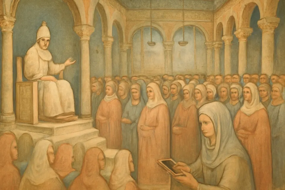 Fresco-style illustration of the 4th-century Candlemas procession in Jerusalem, with the pilgrim Egeria among the crowd at the Church of the Resurrection
