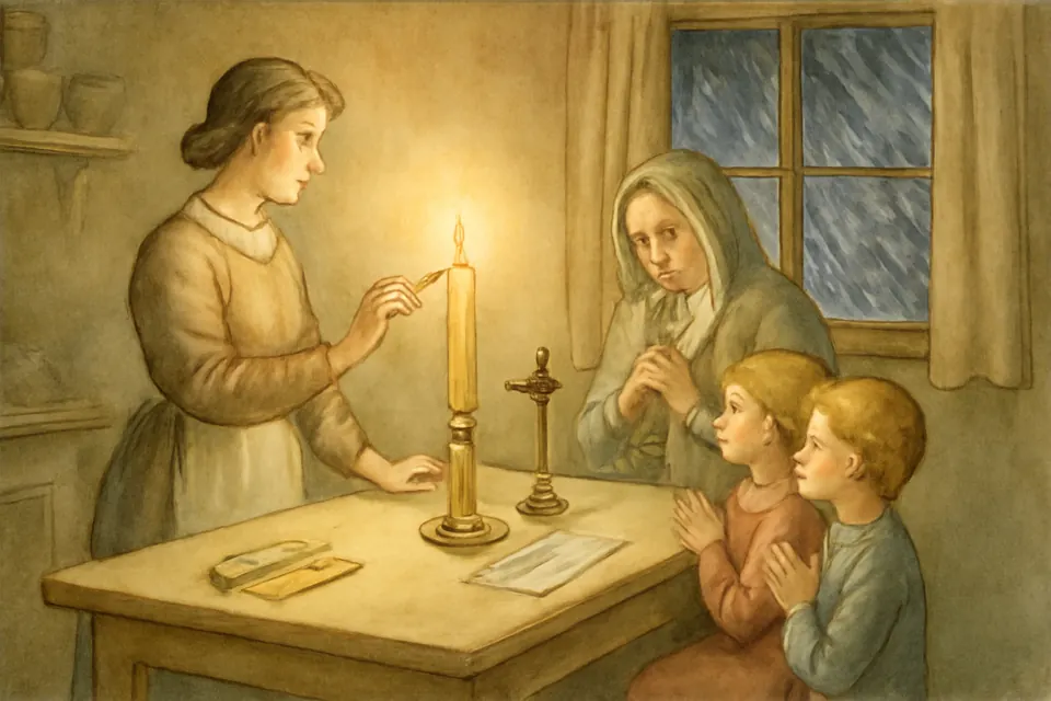 Watercolor-style illustration of a family lighting a blessed candle at home during a winter storm