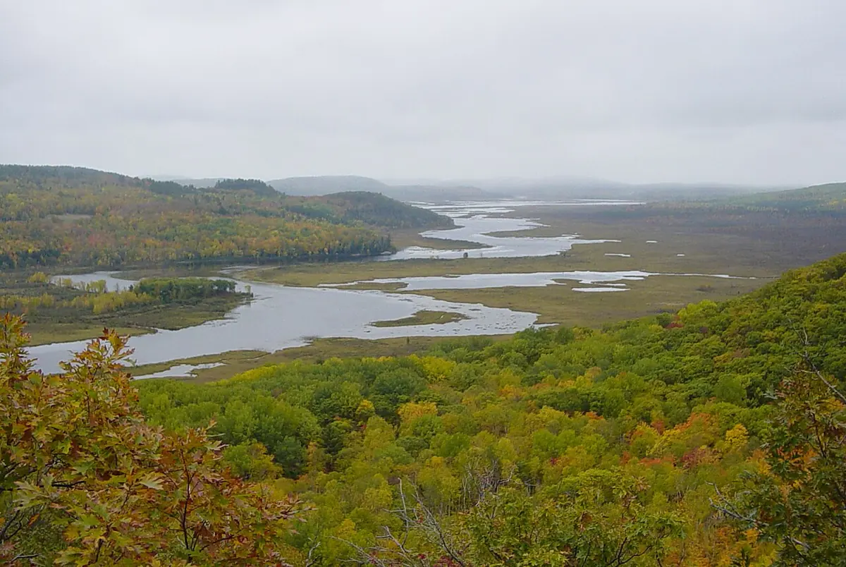View from a hilltop over autumn forests in red and gold to a winding river and wetlands in a wide valley under gray skies