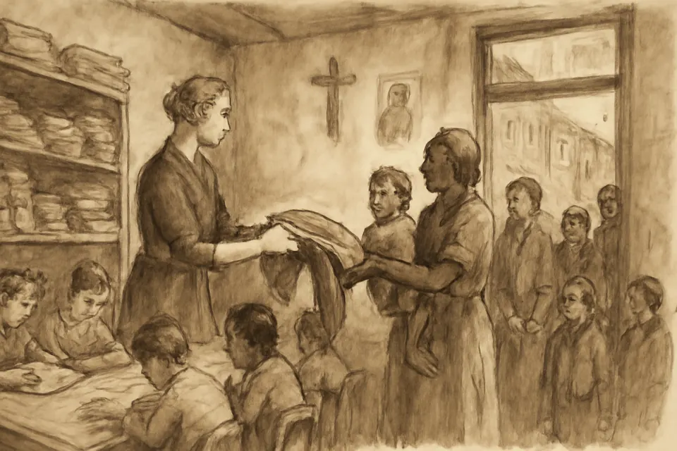 Ink-drawing-style scene of a woman in a plain dress handing out bundles of clothing to neighbors in a crowded storefront room in 1930s Harlem