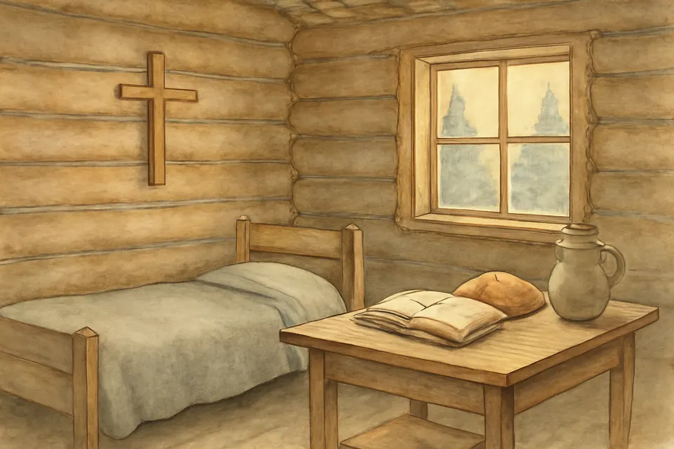 Watercolor-style illustration of a bare little log cabin room with a cot, a table with a Bible and loaf of bread, and a plain wooden cross on the wall