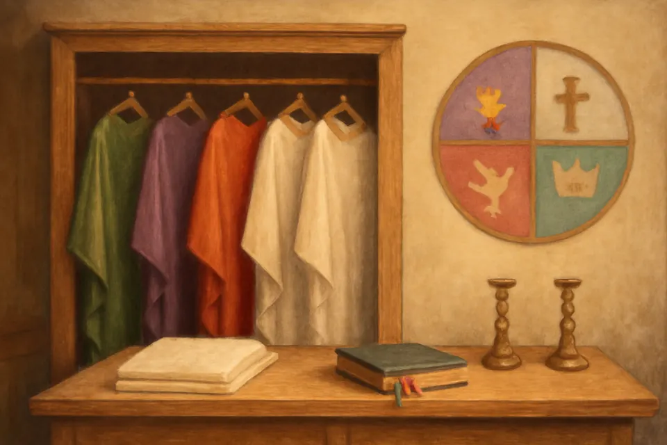 Illustration of a parish sacristy with vestments in green, violet, white, red and rose hanging in a row beside a large wall calendar with a liturgical year wheel