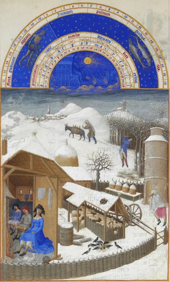 Medieval calendar page showing a snowy farmyard with sheep in a pen, a man chopping wood and peasants warming themselves at a fire inside a small open house