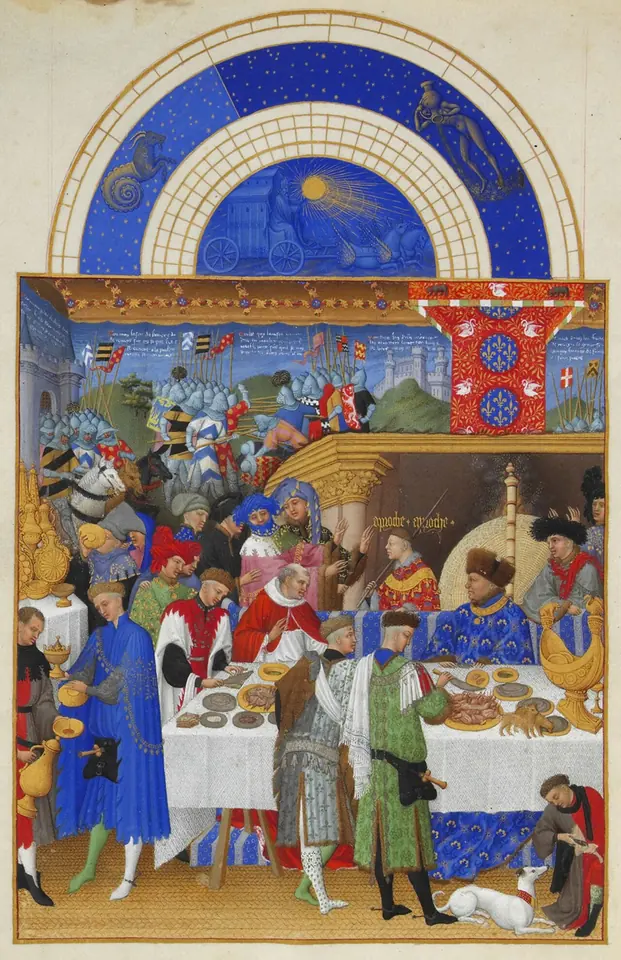 Calendar page from a medieval book of hours, with a blue arch of zodiac signs above a crowded New Year's banquet hall where the Duke of Berry sits at a table in a blue robe