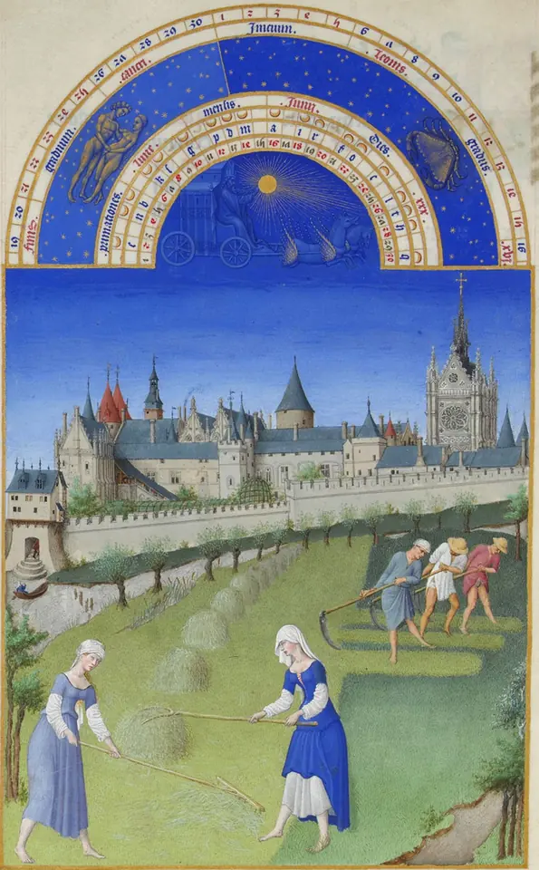 Medieval calendar page of mowers cutting hay and two women raking it in a meadow by the Seine, with the towers and Sainte-Chapelle of the royal palace in Paris behind