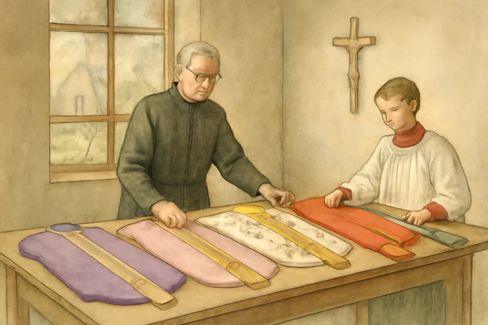 Watercolor-style illustration of a priest and an altar server laying out vestments in the liturgical colors on a sacristy table