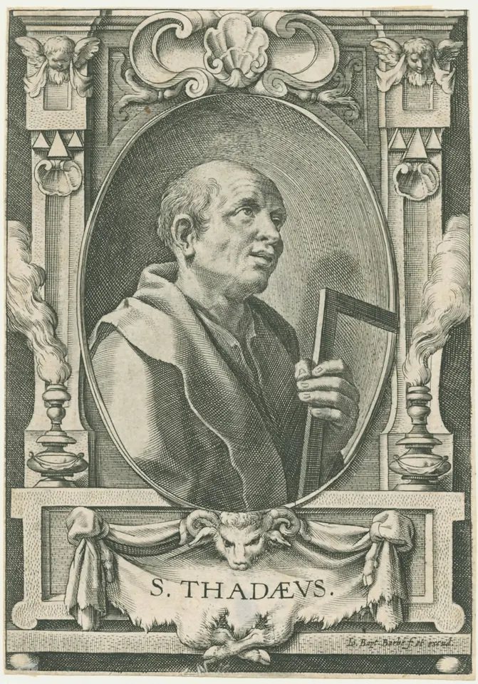 Engraved half-length portrait of a balding, bearded apostle holding a carpenter's square, set in an oval inside an ornamental architectural frame lettered S. THADAEVS