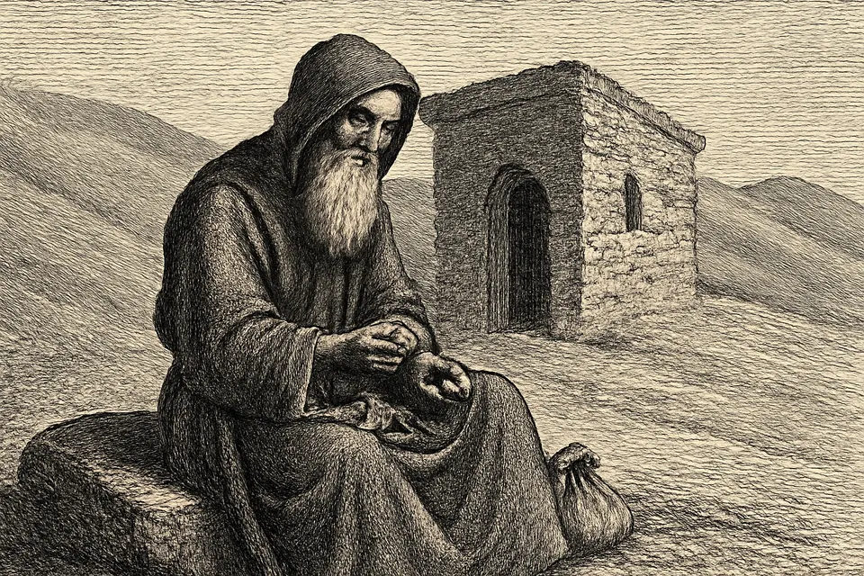 Engraving-style scene of an old desert monk moving pebbles one by one from his lap into a pouch as he counts his prayers