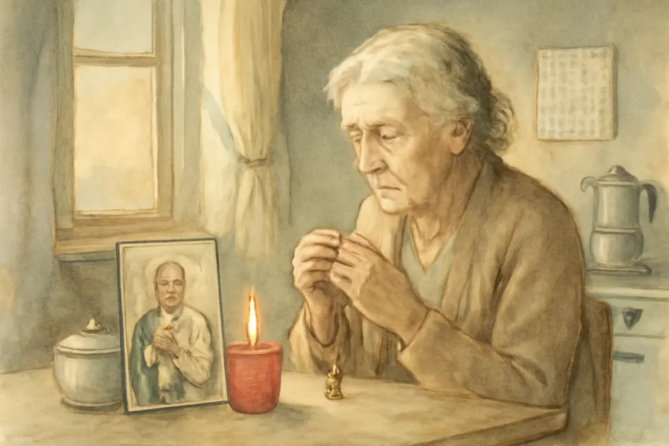 Watercolor illustration of a grandmother at a kitchen table praying a St. Jude chaplet beside a holy card and a lit candle