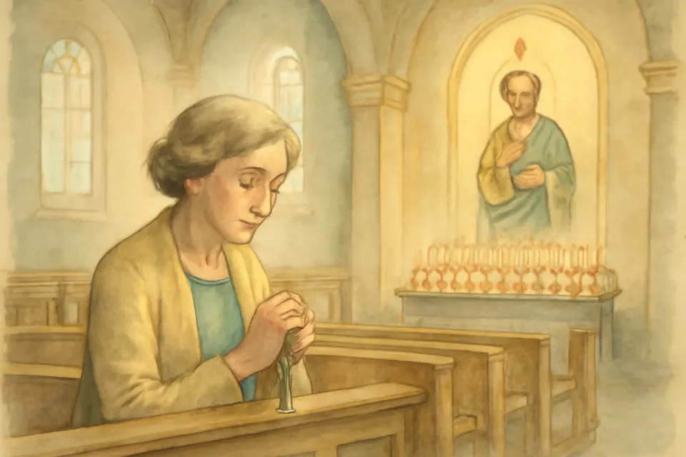 Watercolor of a woman kneeling in a church pew praying on a short chaplet of green beads, with candles burning at a side altar