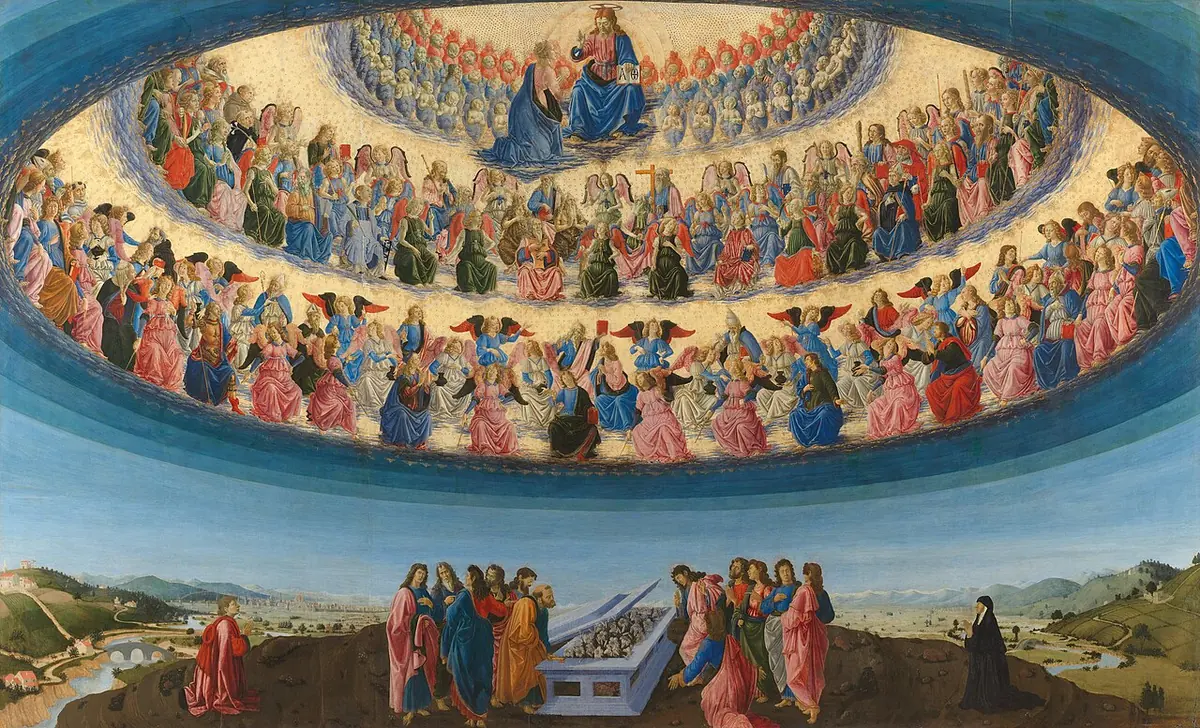 Wide painting of heaven as a great dome filled with tiers of angels and saints around Christ and the Virgin, above apostles gathered at an empty tomb in a landscape