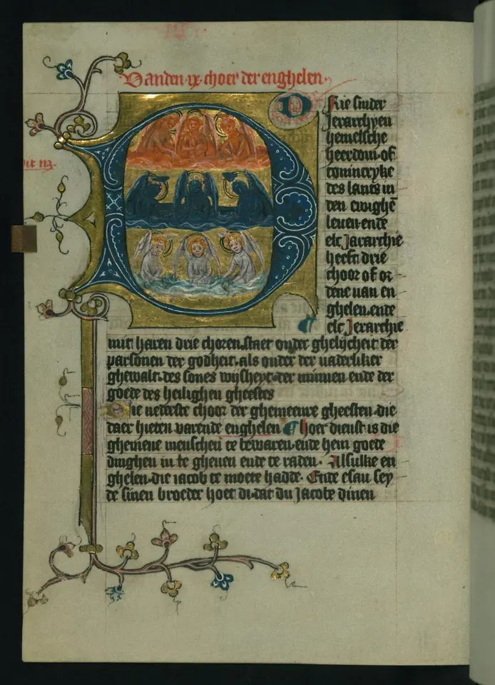 Illuminated manuscript page in Dutch with a large decorated initial filled with rows of red, blue and gold angels