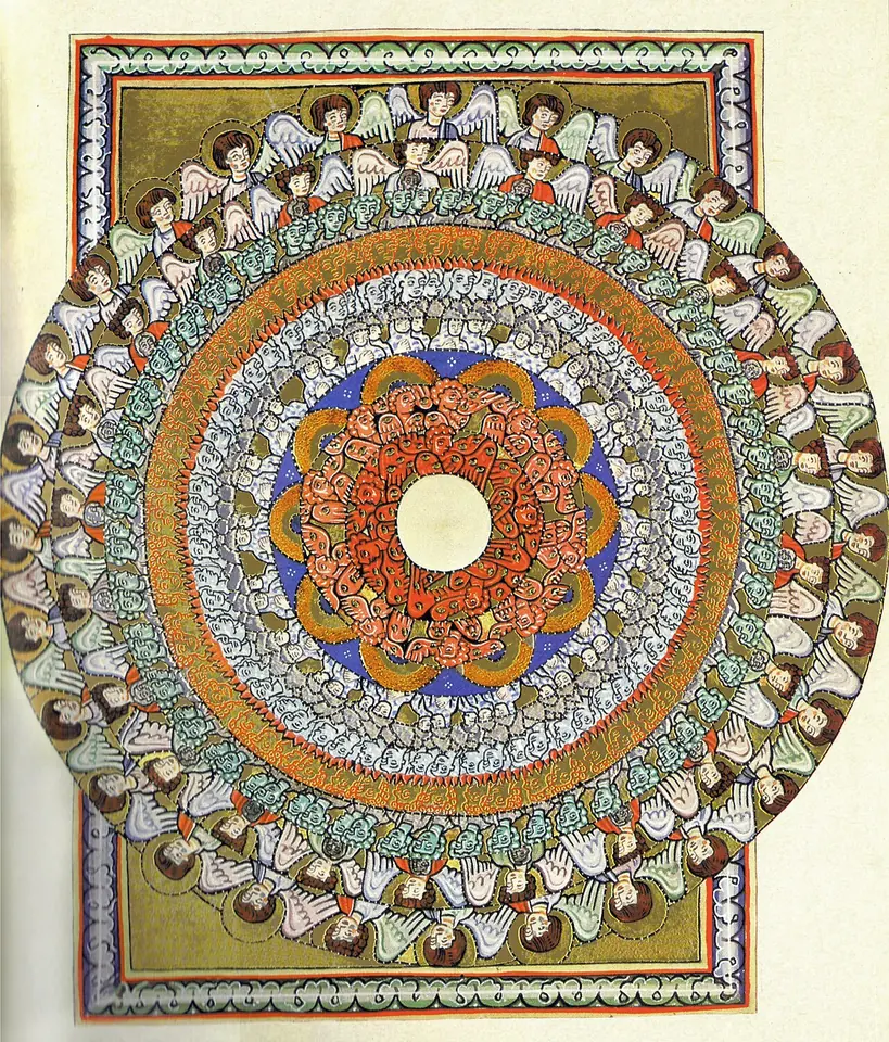 Circular painted vision of concentric rings of angels in many colors around an empty center, inside a decorated square frame