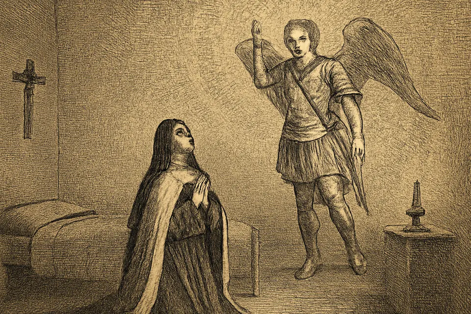 Engraving-style illustration of a Carmelite nun kneeling in her cell as the archangel Michael appears to her surrounded by nine rings of angels