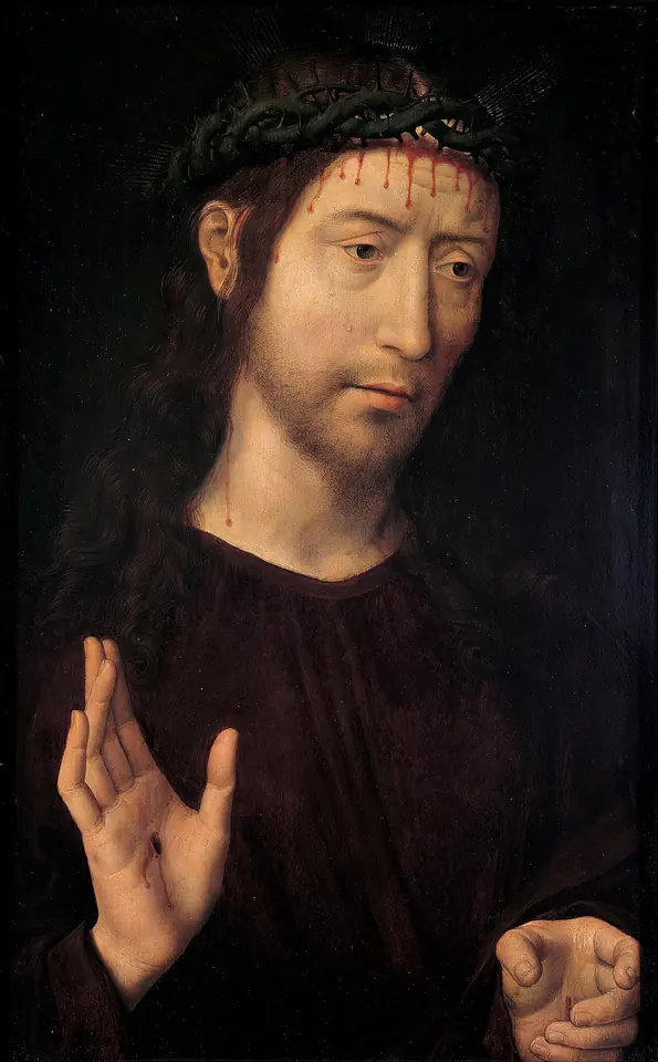 Christ crowned with thorns, in a dark red robe against a black background, raising his right hand in blessing to show the wound in his palm