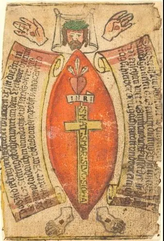 Hand-colored German woodcut with a large red almond-shaped side wound in the center bearing a cross, surrounded by Christ's wounded hands and feet, his face crowned with thorns, and banners of Gothic text