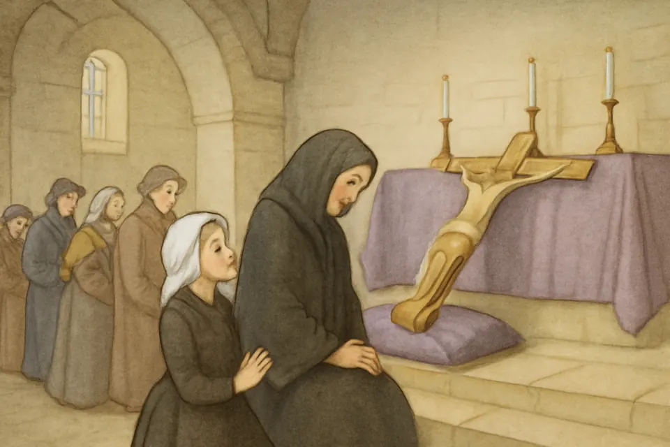 Watercolor illustration of a young peasant girl kneeling with her aunt before a large crucifix in a village church on Good Friday