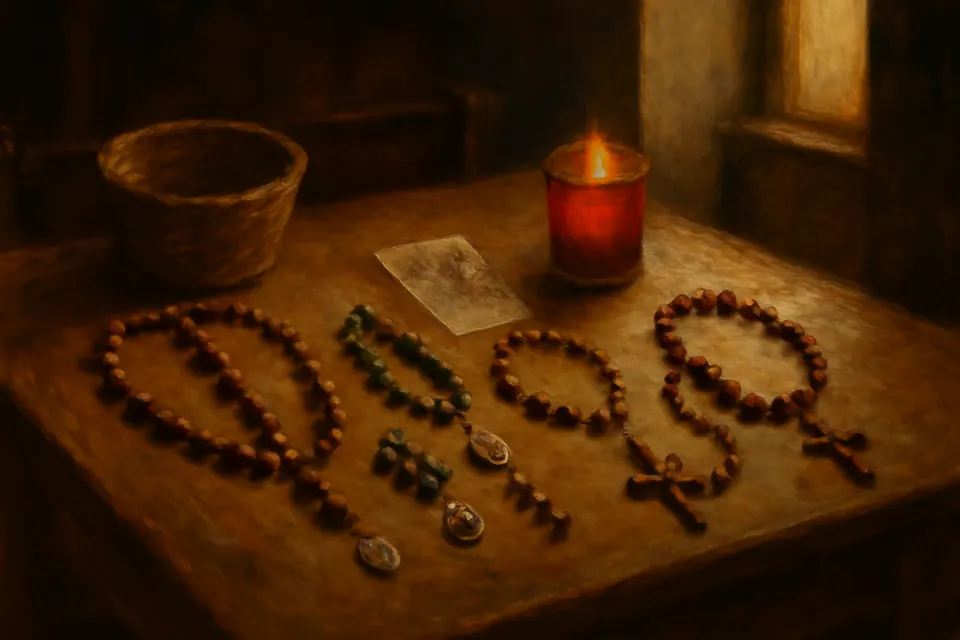 Watercolor-style illustration of several different strings of prayer beads laid out on a wooden church table beside a small basket, a prayer card and a lit votive candle