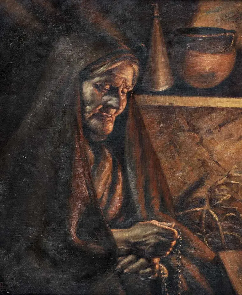 An old woman in a dark shawl sits by a dim hearth with her eyes lowered, counting prayer beads in her hands, pots on a shelf behind her