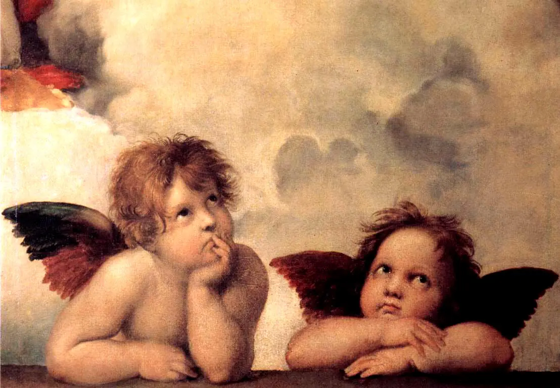 Two small winged children leaning on a ledge, one resting his chin on his hand, both gazing upward