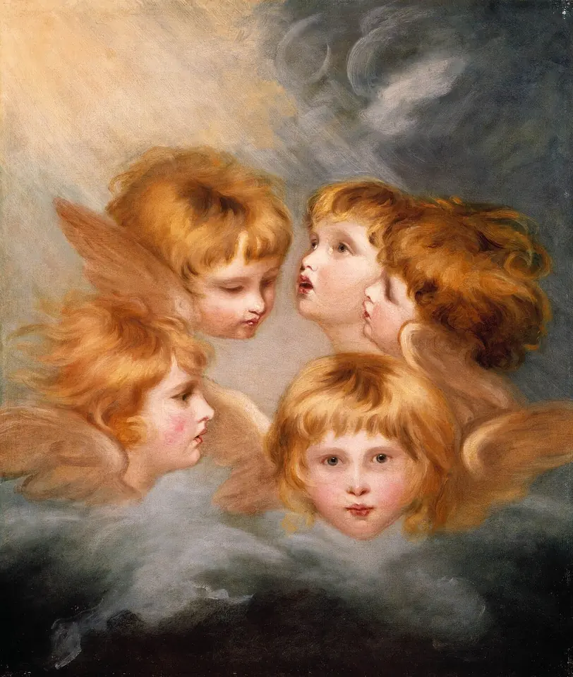 Painting of five winged heads of a little girl with golden hair, seen from different angles among clouds
