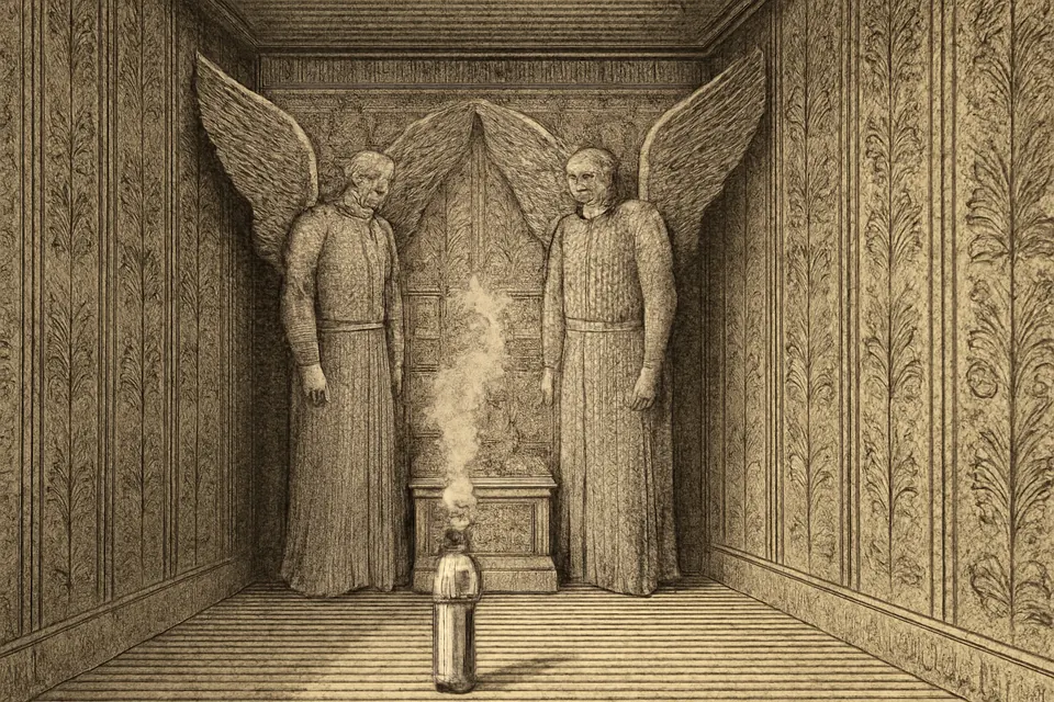 Engraving-style illustration of the two giant olive-wood cherubim overlaid with gold in the Holy of Holies of Solomon's Temple