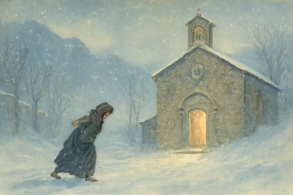 Watercolor-style illustration of a young woman in a coat and headscarf walking alone through a snowstorm toward the door of a Capuchin friary church at dawn