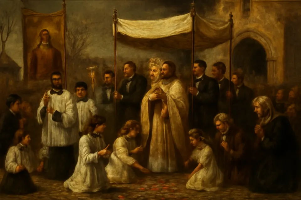 Ilustración en estilo óleo de una procesión eucarística el domingo de Cristo Rey, con el sacerdote que lleva la custodia bajo palio y familias arrodilladas en la calle de un pueblo