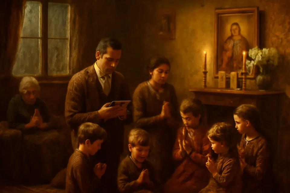 Ilustración en estilo óleo de una familia arrodillada ante una imagen de Cristo Rey en la sala de su casa mientras el padre lee el acto de consagración