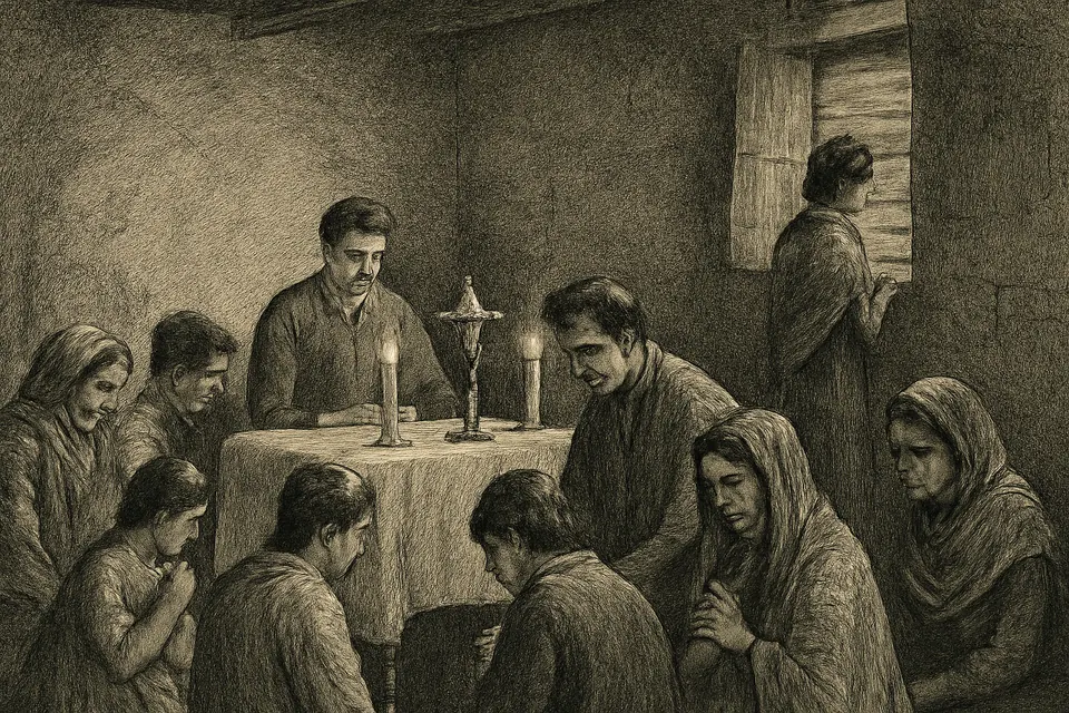 Ilustración en estilo grabado de católicos mexicanos que rezan el rosario a escondidas en una casa durante la persecución de los años veinte